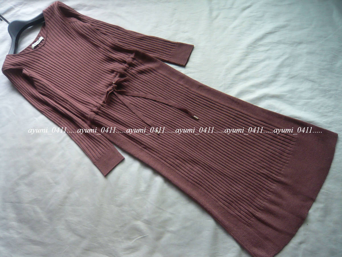 ★未使用★nano universe ナノユニバース/ピンクブラウン系・静電気防止 ウエストコード付き Ｖネック リブニットワンピース/9号Ｍ38