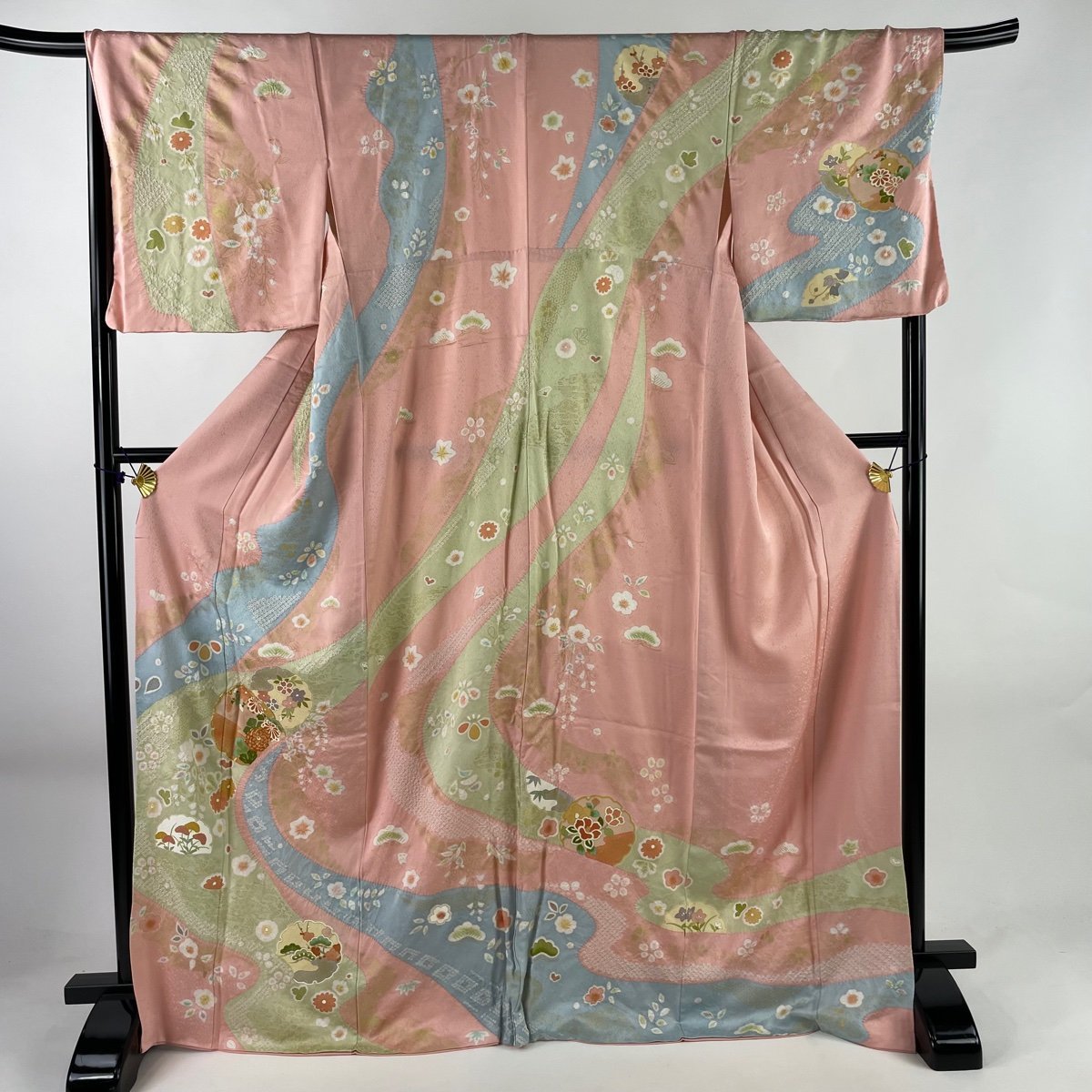 訪問着 身丈163cm 裄丈66cm M 袷 雪輪 草花 絞り 金彩 ピンク 正絹 秀