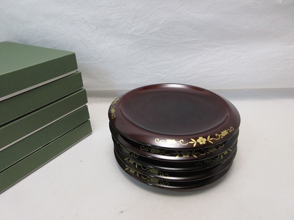輪島塗 ◇◇輪島塗 溜塗花蒔絵銘々皿 螺鈿 波蒔絵 茶托5・銘々皿5と