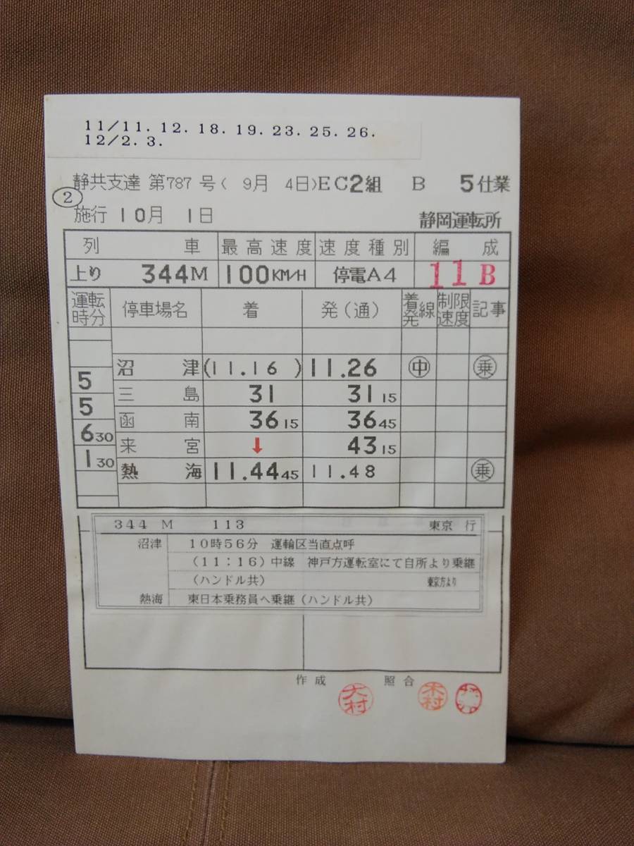 運転士時刻表 スタフ 静岡運転所 B5仕業 113系 11両編成 B31仕業 B52 