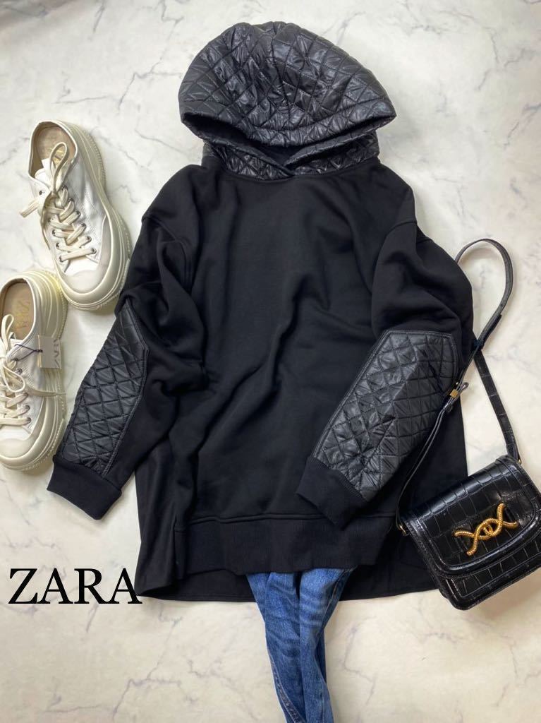 ZARA ザラ★タグ付き未使用★大人素敵★ゆったり オーバーサイズ異素材 キルティング切替え スウェット パーカートップス★黒Mサイズyz1011