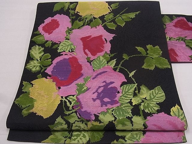 平和屋1■九寸名古屋帯　草花文　黒地　逸品　fb9096