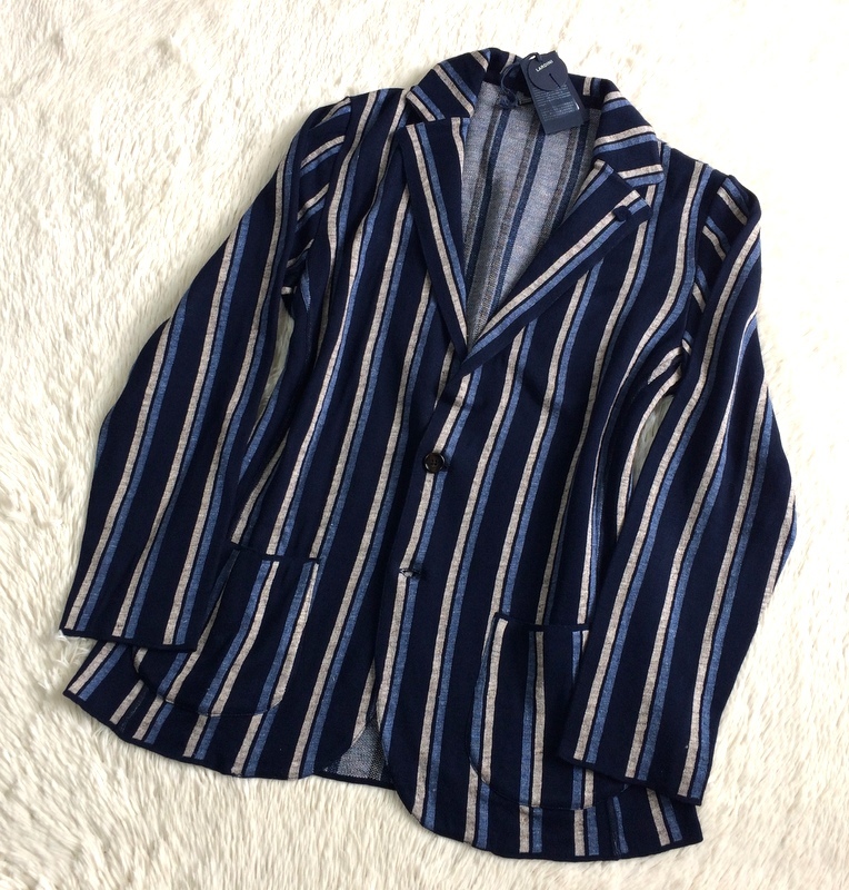 新品 ブートニエール 春秋冬 LARDINI ラルディーニ カジュアル 伸縮 メンズ ブレザー テーラード シングル ニットジャケット サイズ L