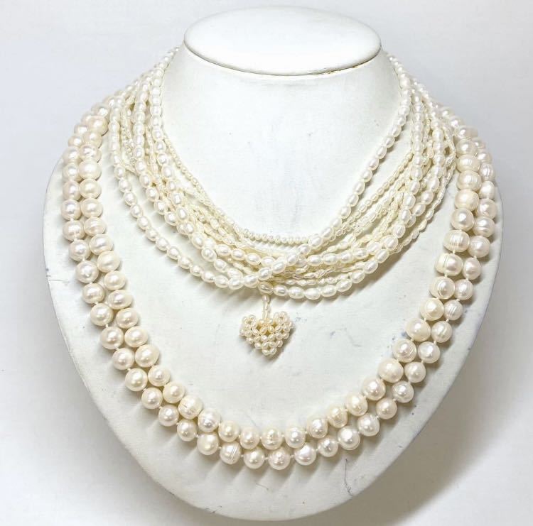 ［淡水パールネックレス5点おまとめ］o 重量約213.0g 真珠 ポテト ペンダント ケシ Heart ハート ロングnecklace jewelry silver DA0
