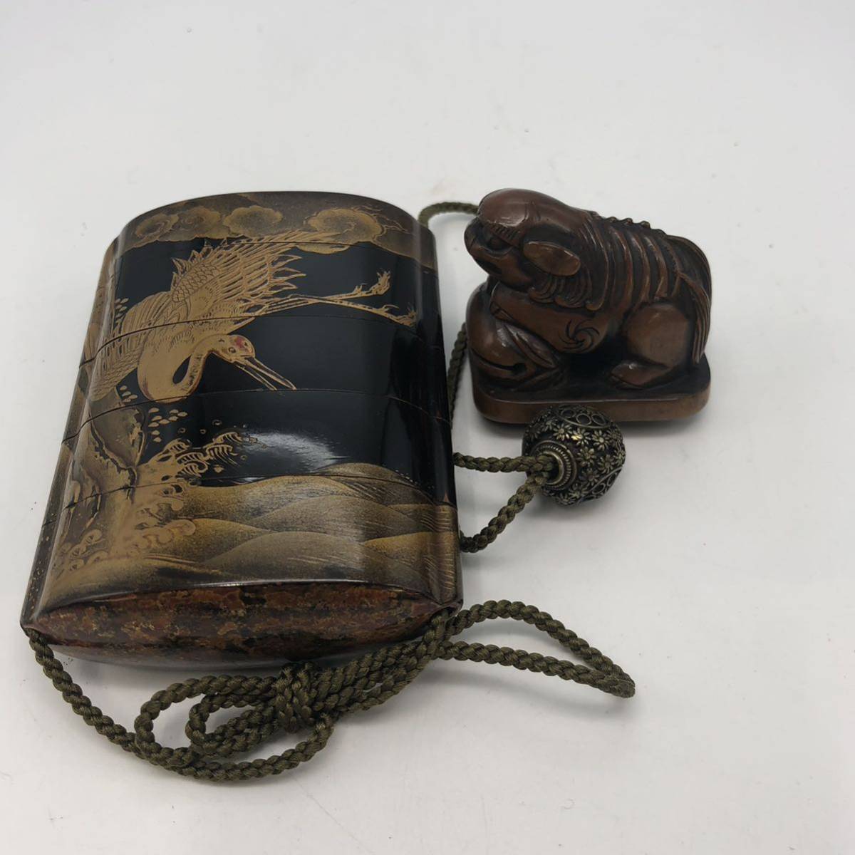 川 印籠 時代物 蒔絵 骨董 鶴 堀金 揚げ物 漆 高さ7.5cm 横6cm 5段 川