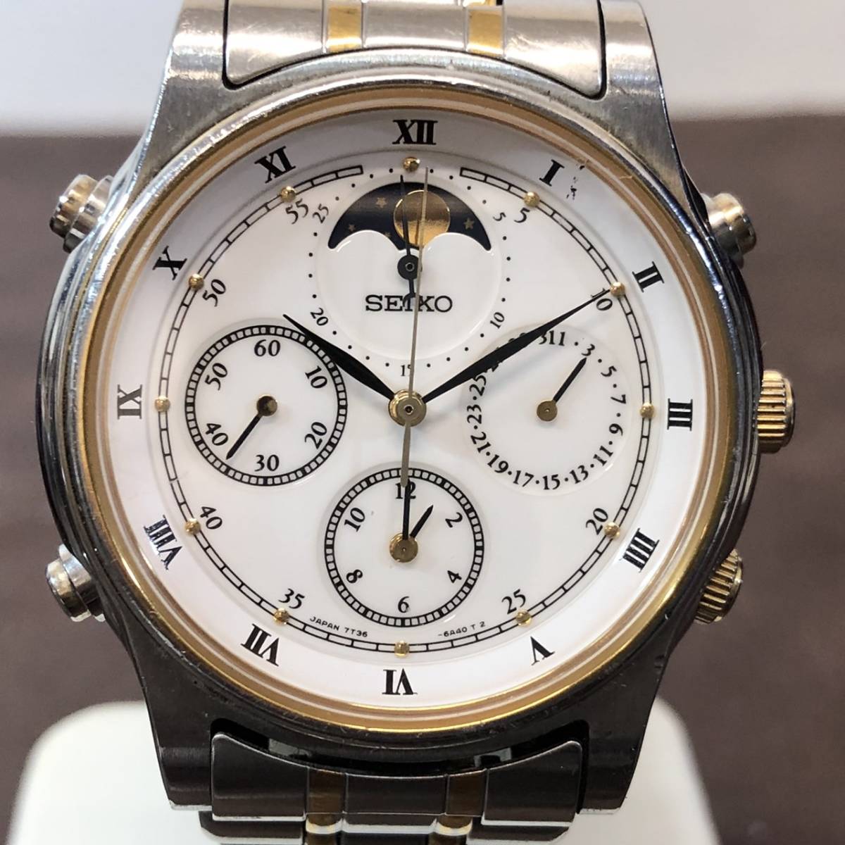 ○【MH-5303】中古品 SEIKO セイコー ムーンフェイズ 7T36-6A80 腕時計 