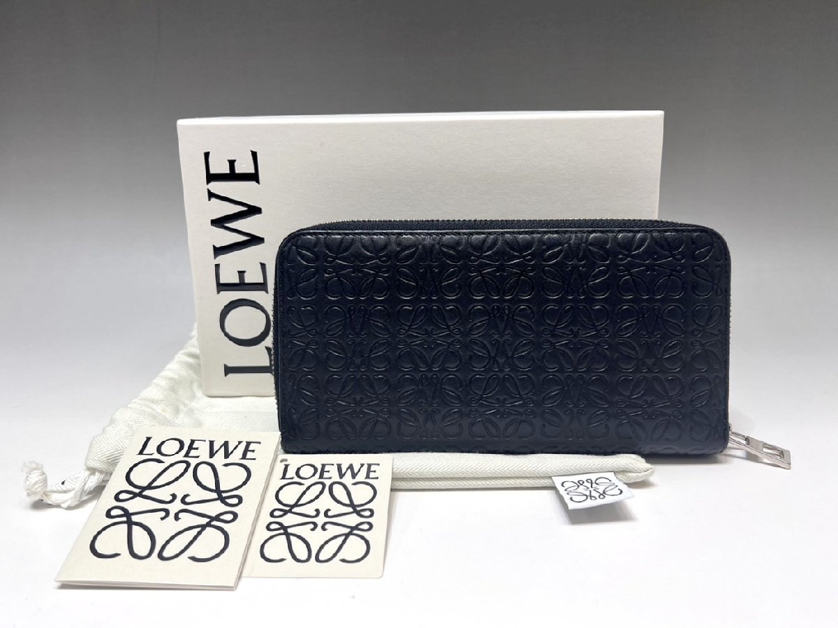 美品 LOEWE ロエベ 本革レザー アナグラム ラウンドファスナー長財布 