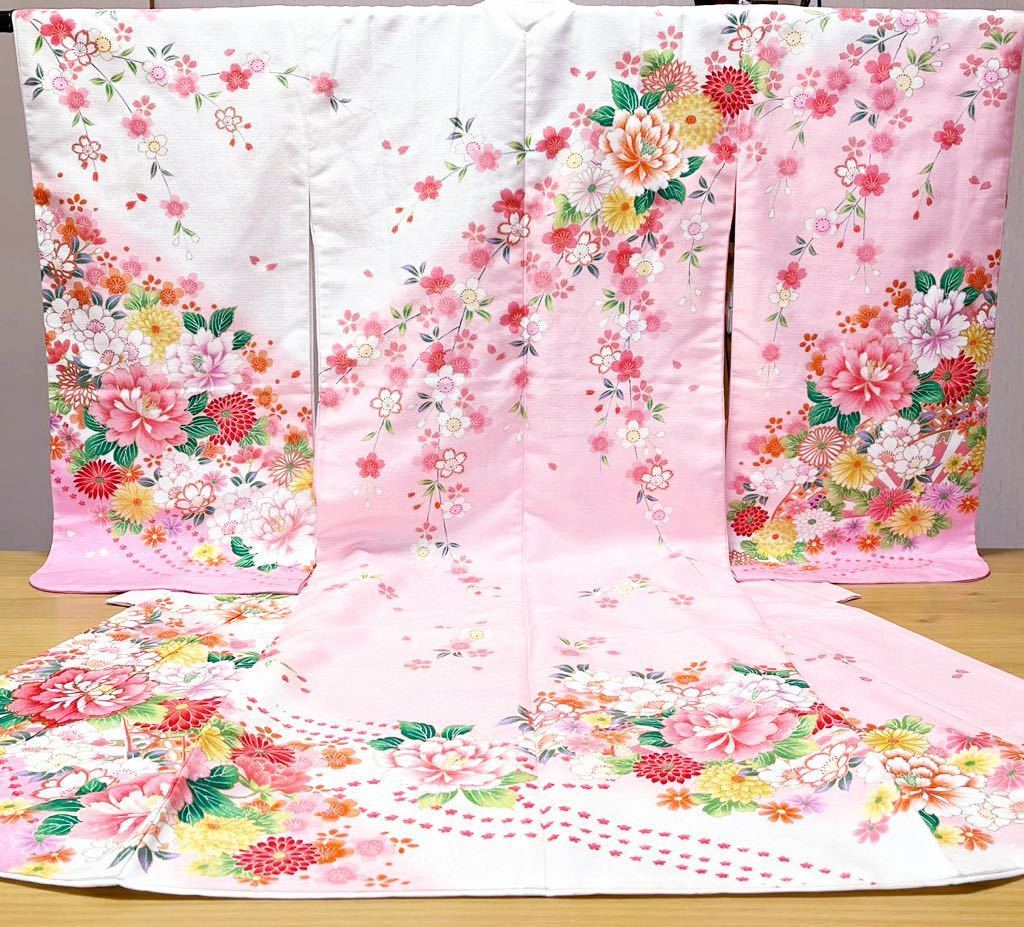 ◆花の絵羽柄♪化繊七歳女児祝い着◆ 上質生地　七五三 裄57 金糸刺繍　訳あり