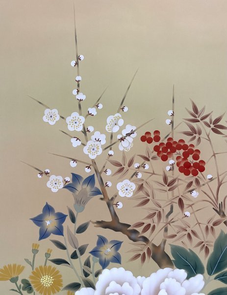 真作 友 誠 筆 絹本彩色画 【 四季花之図 】 中島清堂極め箱在 真作 友