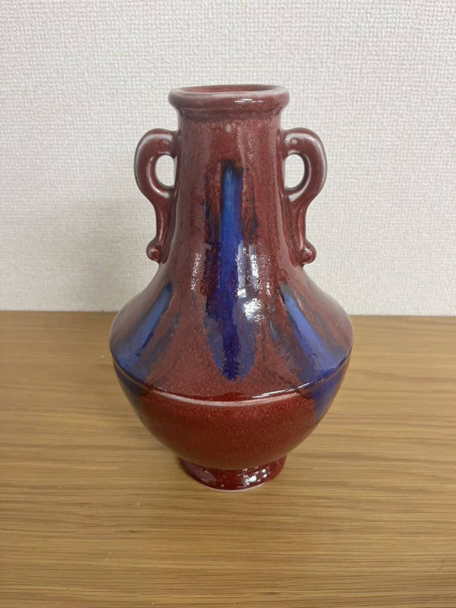 雍正年製款 辰砂釉不遊環双象耳花瓶　赤釉 花入 唐物 中国古玩　SX104 中国古玩 唐物 雍正年製款 ◇中国古玩・雍正年製・辰砂釉・