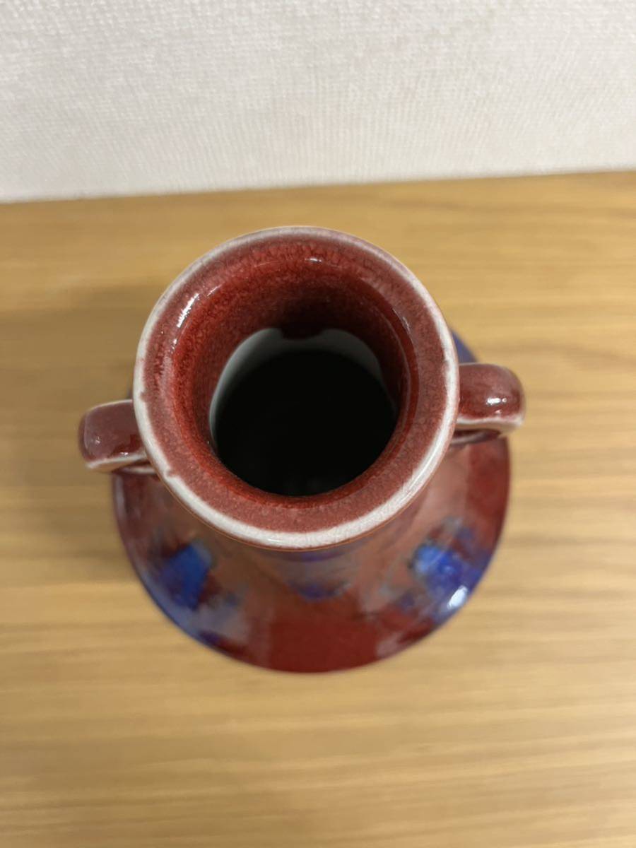 雍正年製款 辰砂釉不遊環双象耳花瓶　赤釉 花入 唐物 中国古玩　SX104 中国古玩 唐物 雍正年製款 ◇中国古玩・雍正年製・辰砂釉・