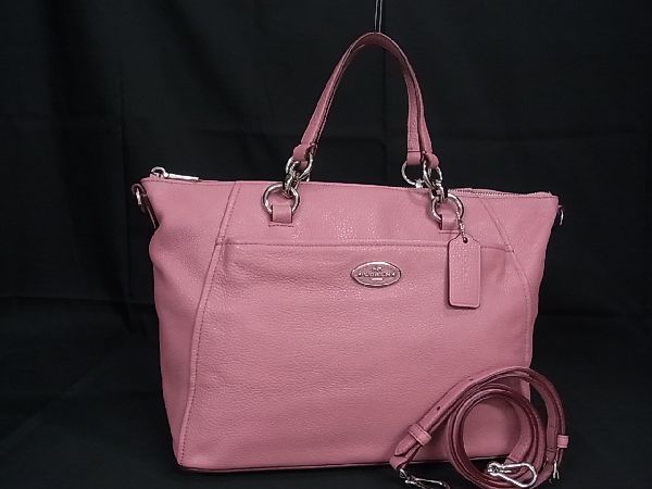 1円 ■美品■ COACH コーチ F34508 レザー 2WAY ハンドバッグ トート ショルダー 肩掛け 斜め掛け レディース ピンク系 AR8822
