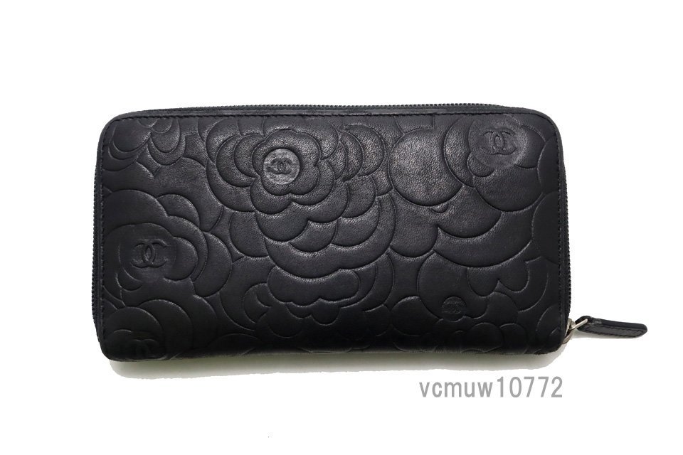 希少中古□CHANEL 18番台 カメリア レザー ラウンドファスナー 長財布 