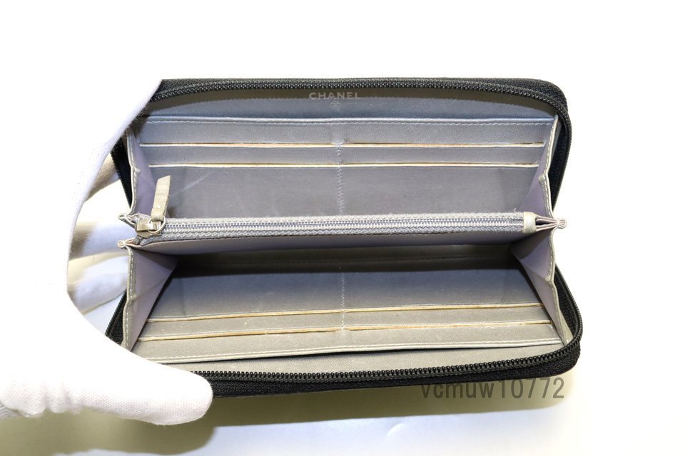 希少中古□CHANEL 18番台 カメリア レザー ラウンドファスナー 長財布 