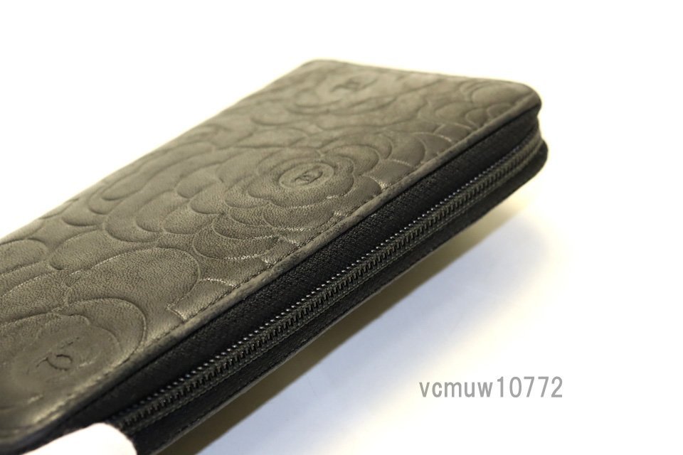 希少中古□CHANEL 18番台 カメリア レザー ラウンドファスナー 長財布 
