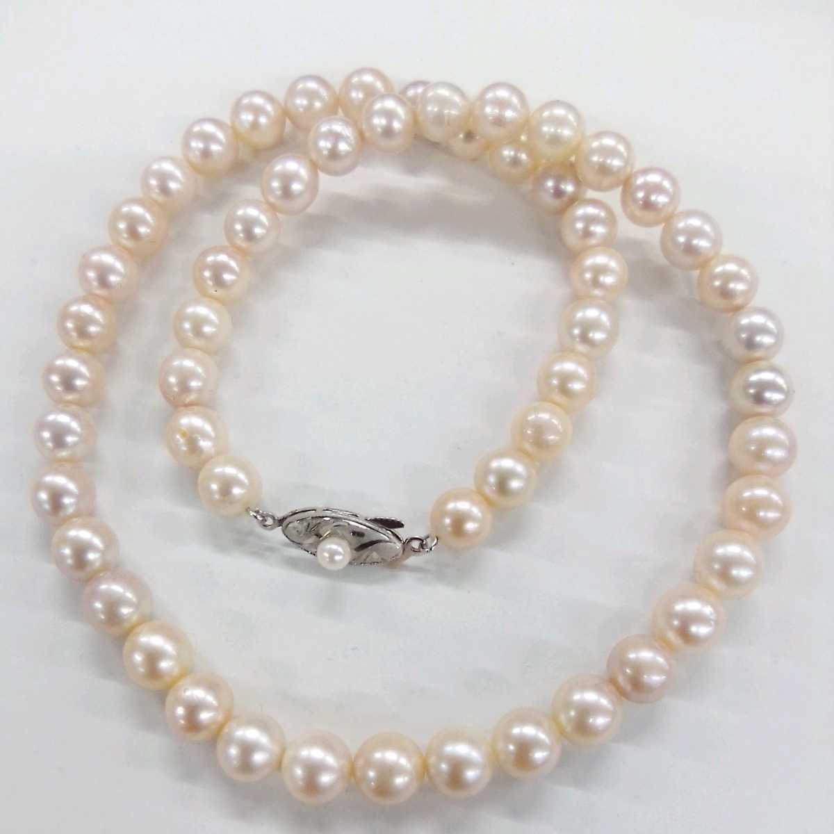 ●ハ8263H◎艷やか本真珠　パールネックレス　41.5センチ　7-7.3ミリ珠前後　留め具SILVER刻印あり◎送料込み◎