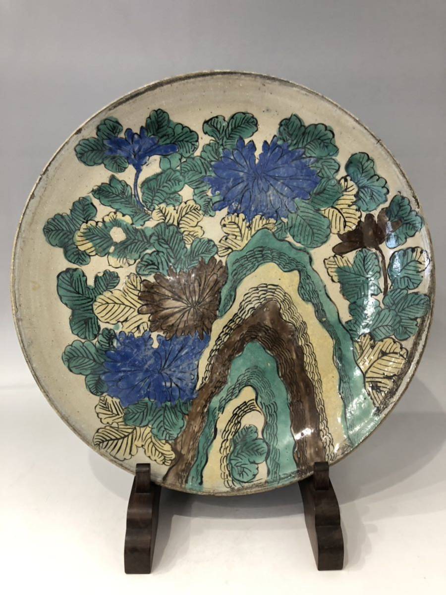 空】約36.4cmの鼠生地の名逸品 明治初期 再興九谷 青手