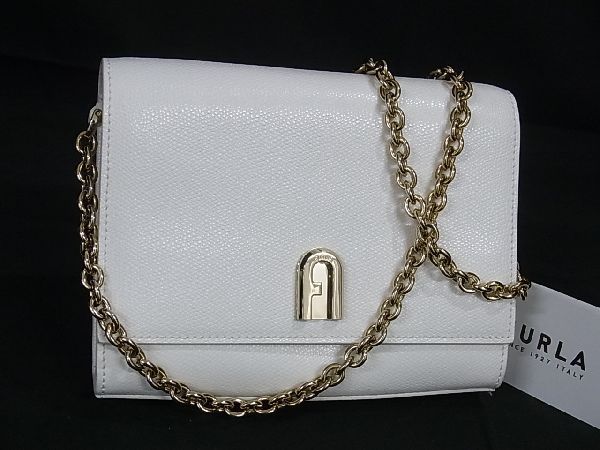 美品✨フルラ 現行 ショルダーバッグ 2way エラ オールレザー ロゴ 白 1円 □極美品□ FURLA フルラ 1927 レザー チェーン ショルダーバッグ