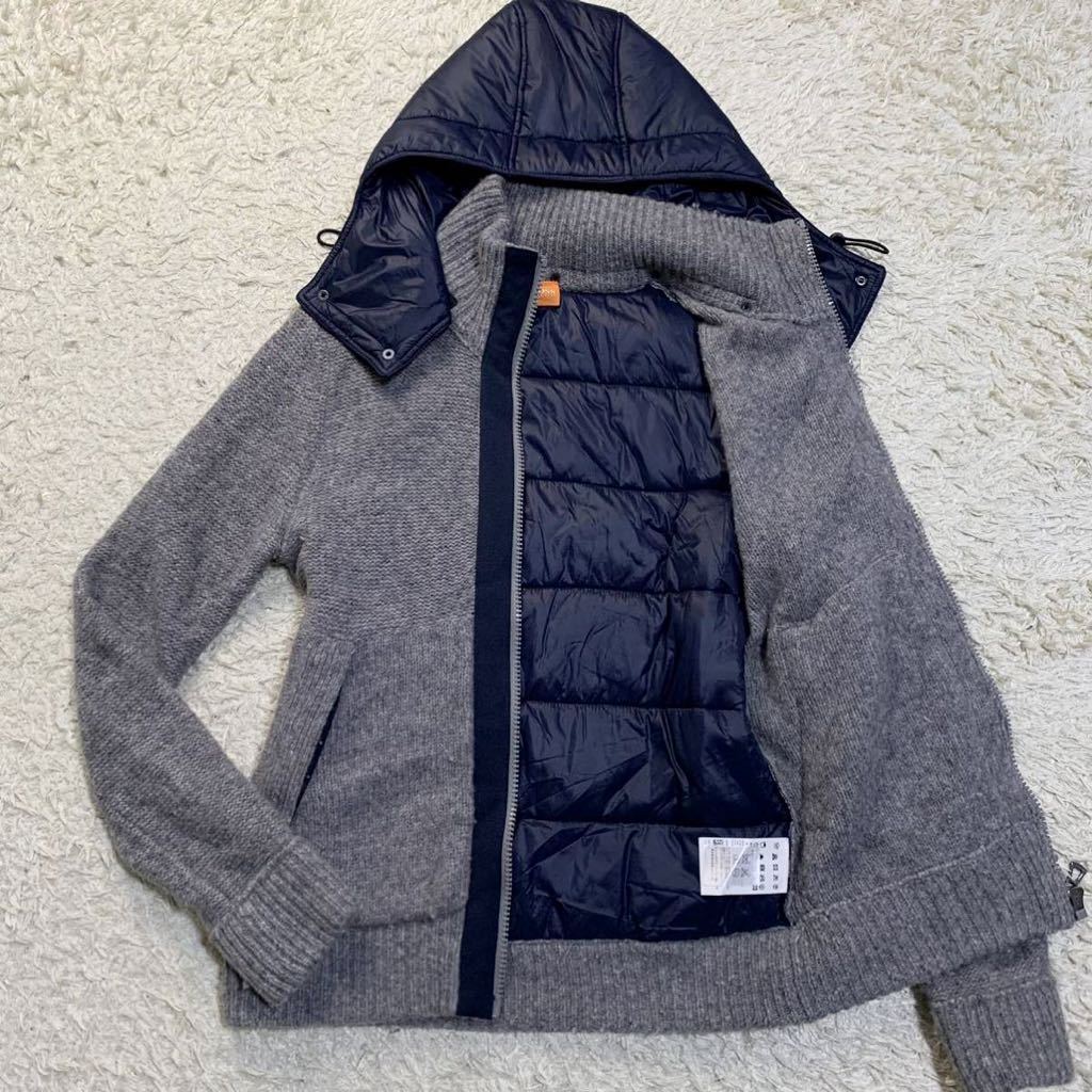 ヒューゴボス HUGO BOSS ジップアップジャケット 表記S/実寸M相当 ニット切替 ダウン フード着脱◎ ヴァージンウール グレー