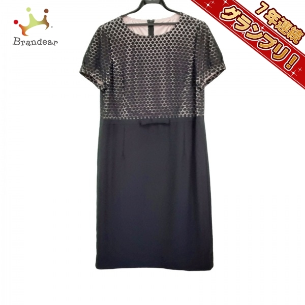 レリアン Leilian サイズ13+ S - 黒×ピンクベージュ レディース クルーネック/半袖/ひざ丈/リボン 美品 ワンピース