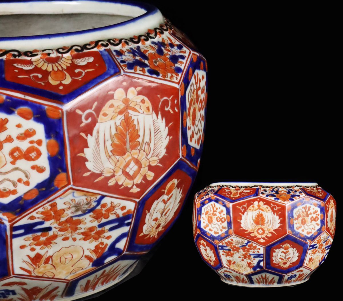 定番，大得価 江戸期 古伊万里 色絵面取花瓶 35cm 火鉢 大鉢