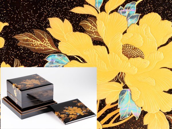 流】木製漆器 本金螺鈿細工花蒔絵二段重箱 盆付 箱付 流】木製漆器 本金螺鈿細工花蒔絵二段重箱 盆付 箱付