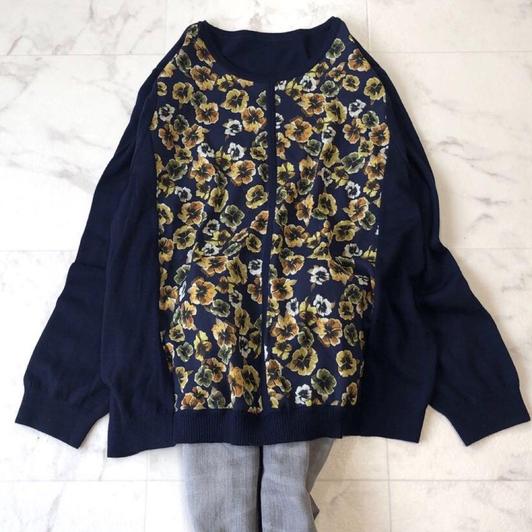 美品♪レリアン Leilian クルーネックニット 大きいサイズ ウール ネイビー 花柄 13＋ 