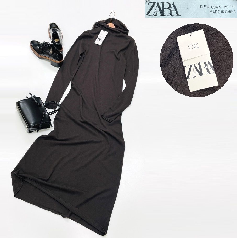 未使用品 /S/ ZARA ブラウン フード長袖ニットワンピース レディース タグ カジュアル 通勤 フェミニン 大人可愛い ガーリー デイリー ザラ