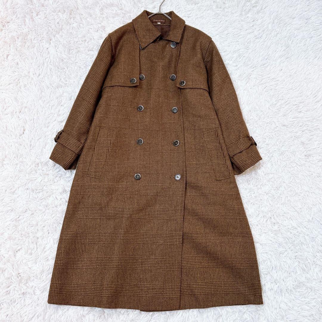 【カシミヤ混 大きいサイズ】極美品 イヴサンローラン カシミヤ ロングトレンチコート 千鳥格子柄 XL相当 YVES SAINT LAURENT レディース