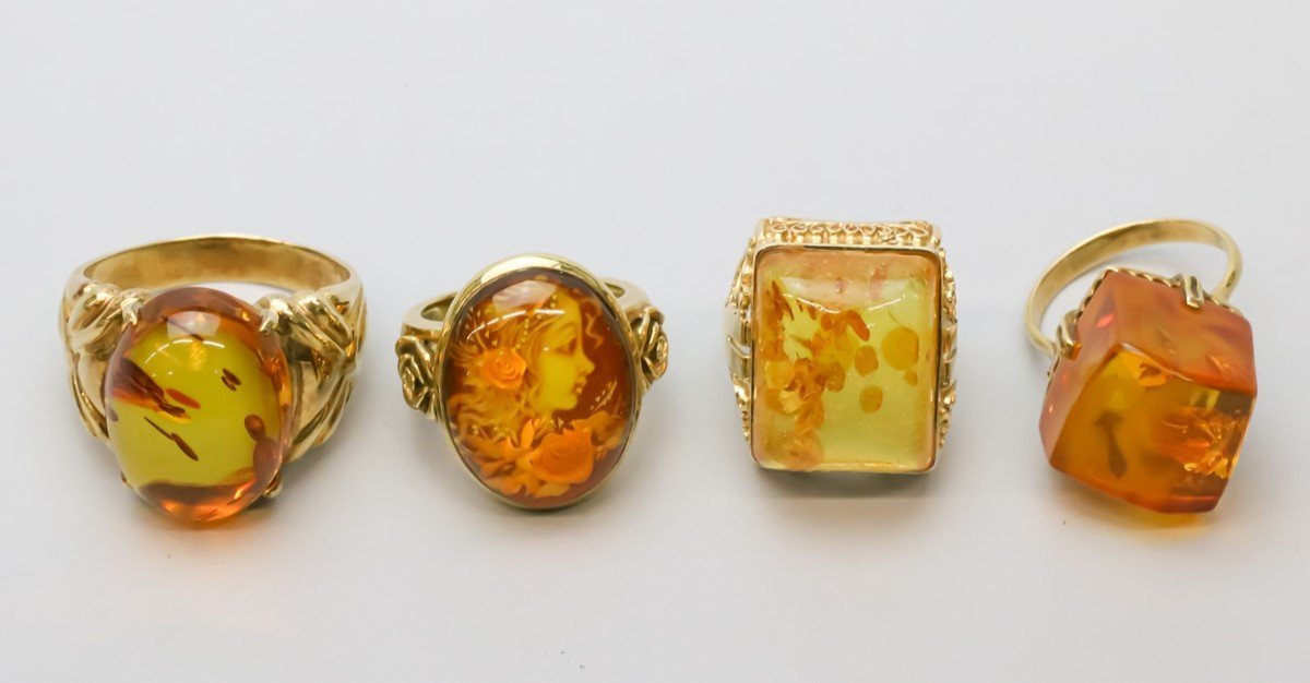 おたからや◆K18刻印あり コハク/琥珀 リング4点 ジュエリー アクセサリー【L-ac0276】