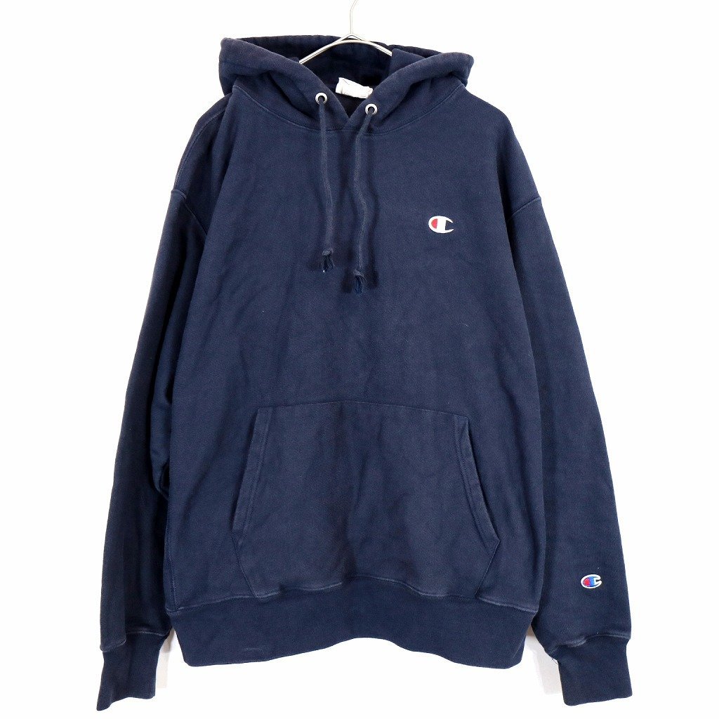 Champion チャンピオン リバースウィーブ パーカー 刺繍 ワンポイントロゴ ネイビー (メンズ XL) O0902 /1円スタート