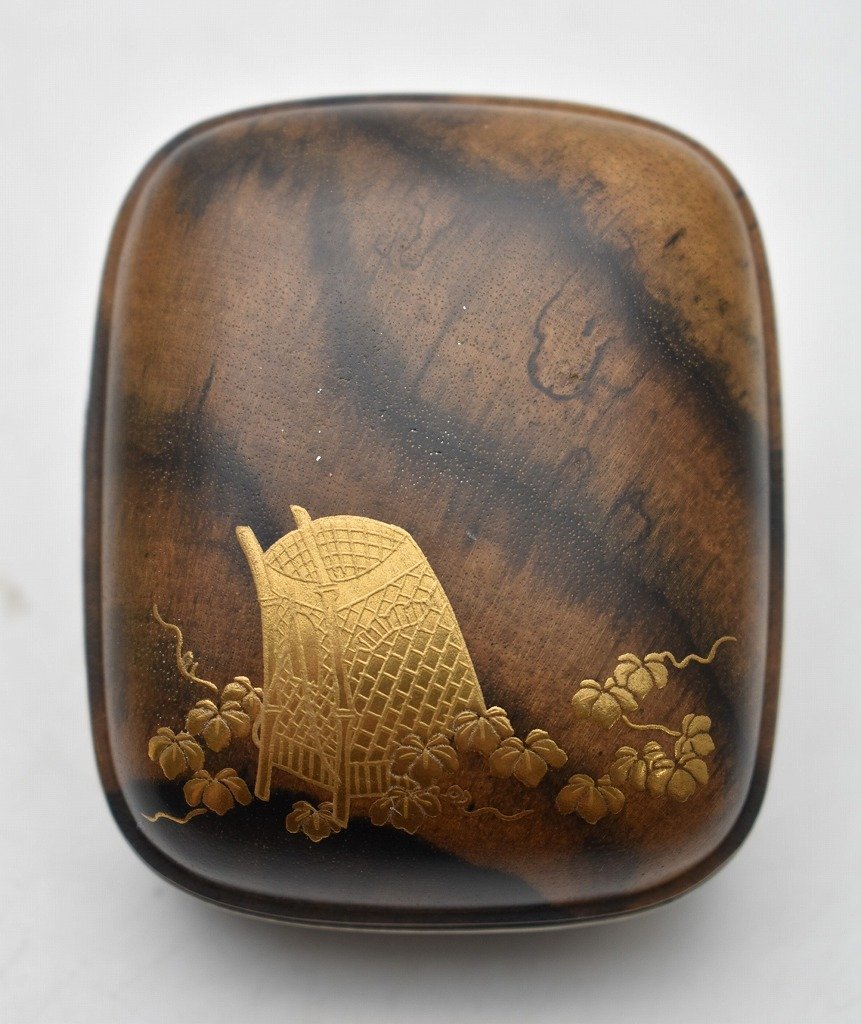 沖10 塗師 蒔絵師 道場宗廣 宇津山蒔絵 黒縞柿 香合 共箱 茶道具 香