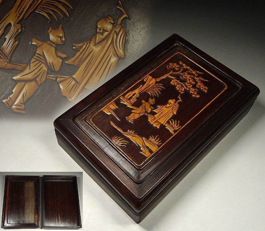 緑屋h■ 中国古玩　唐木　黄楊木象嵌　硯箱　書道具　時代物　i9/11-6260/11-2#80