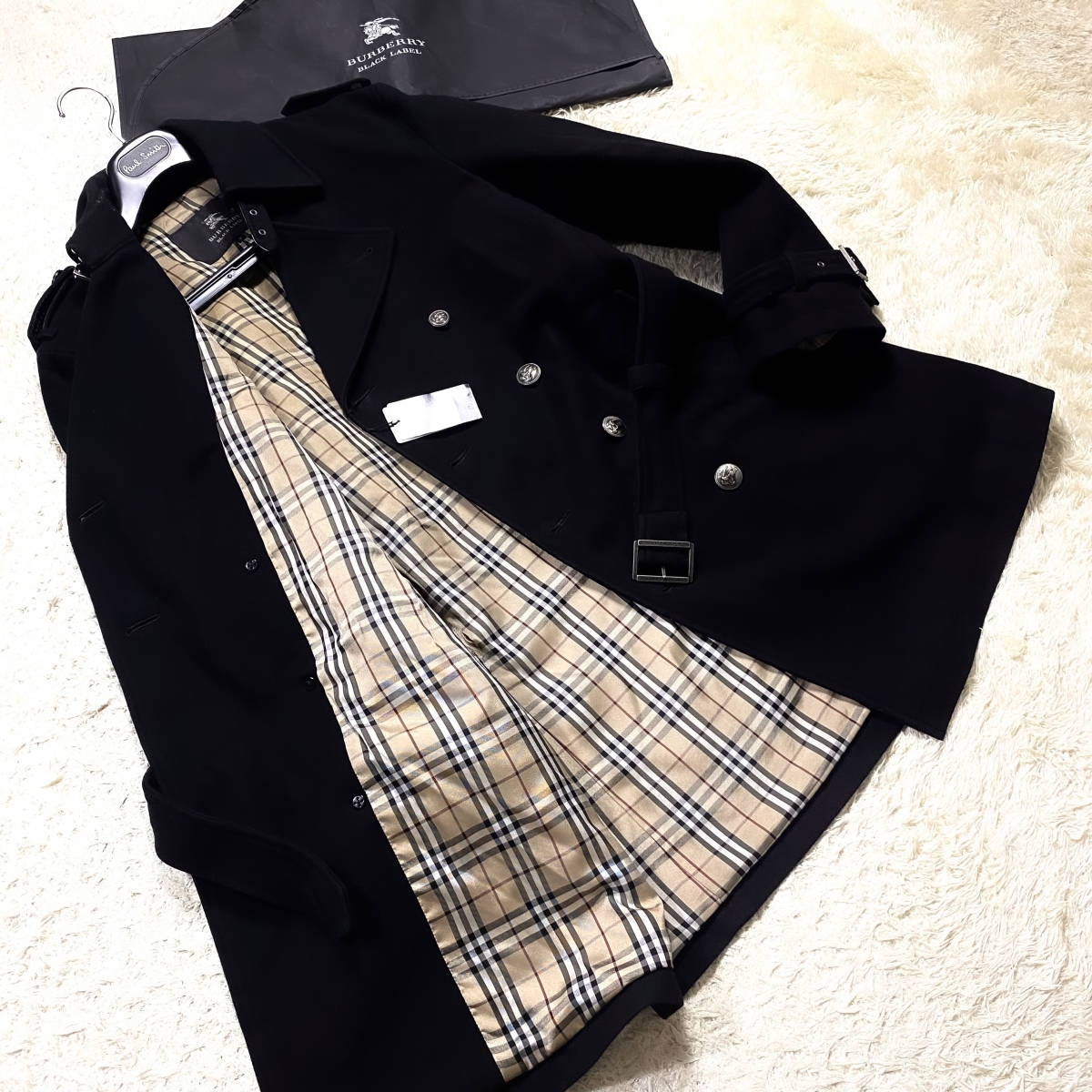 バーバリーブラックレーベル カシミヤ ナポレオンコート ノバチェック 黒 L 絶版カシミヤ美品BURBERRY BLACKLABELナポレオンコートトレンチL~M