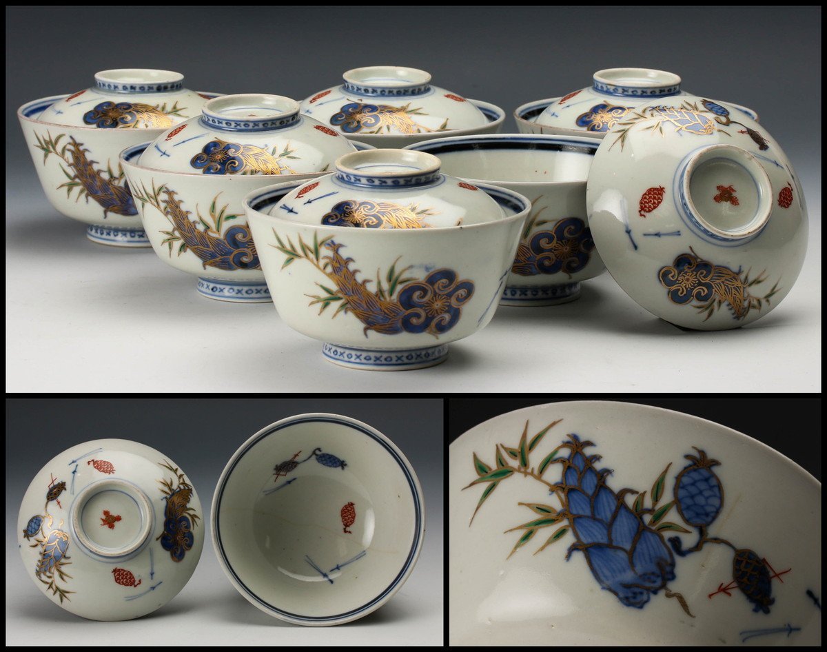 全国無料，全国無料，HOT 【佳香】 伊万里 色絵松竹(松毬に筍)蓋付茶碗
