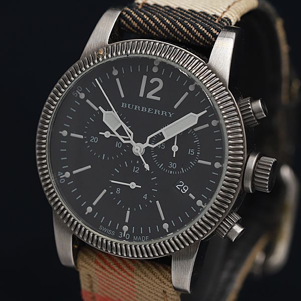 1円 稼働 良品 QZ 箱付 バーバリー BU7815 クロノグラフ デイト NBY 黒文字盤 メンズ腕時計 OKZ 2000000
