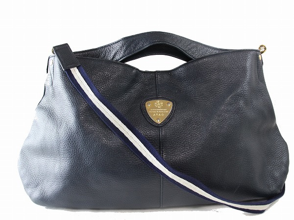 1円　アタオ　ATAO　エルヴィ　★　２way ハンドバッグ　ショルダーバッグ　★　ネイビー　レザー　A４収納可　2206