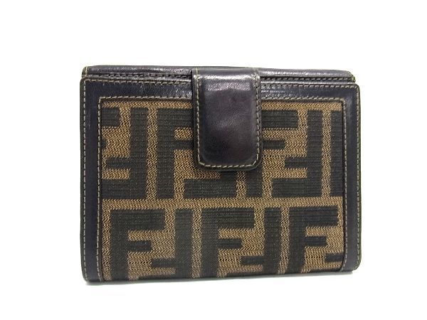 1円 ■美品■ FENDI フェンディ ヴィンテージ ズッカ柄 ナイロンキャンバス×レザー 二つ折り 財布 ウォレット ブラウン系 AU4439