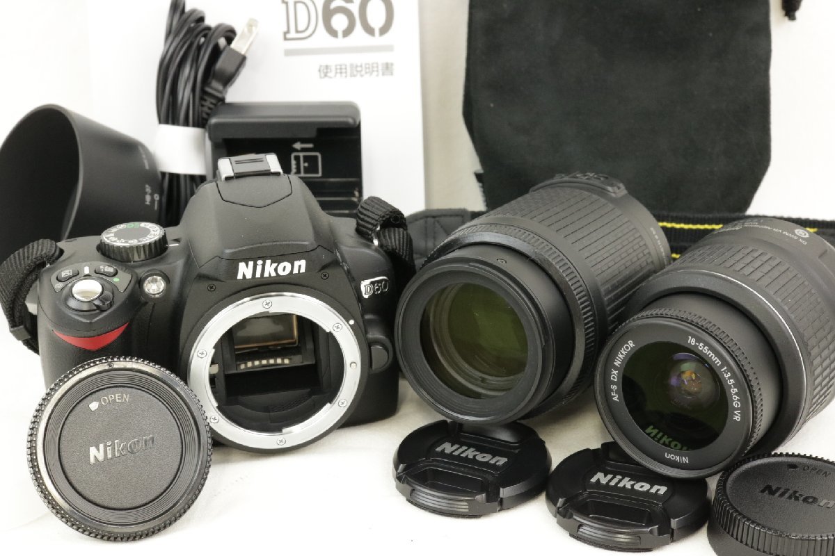 【得価，定番人気】 Nikon ニコン D60 ダブルズームキット ショット数877枚 18-55mm 55-200mm デジタル一眼レフカメラ フード 取説付き 彩irodori(ニコン)｜売買されたオークション情報、yahooの商品情報をアーカイブ公開 - ニコン