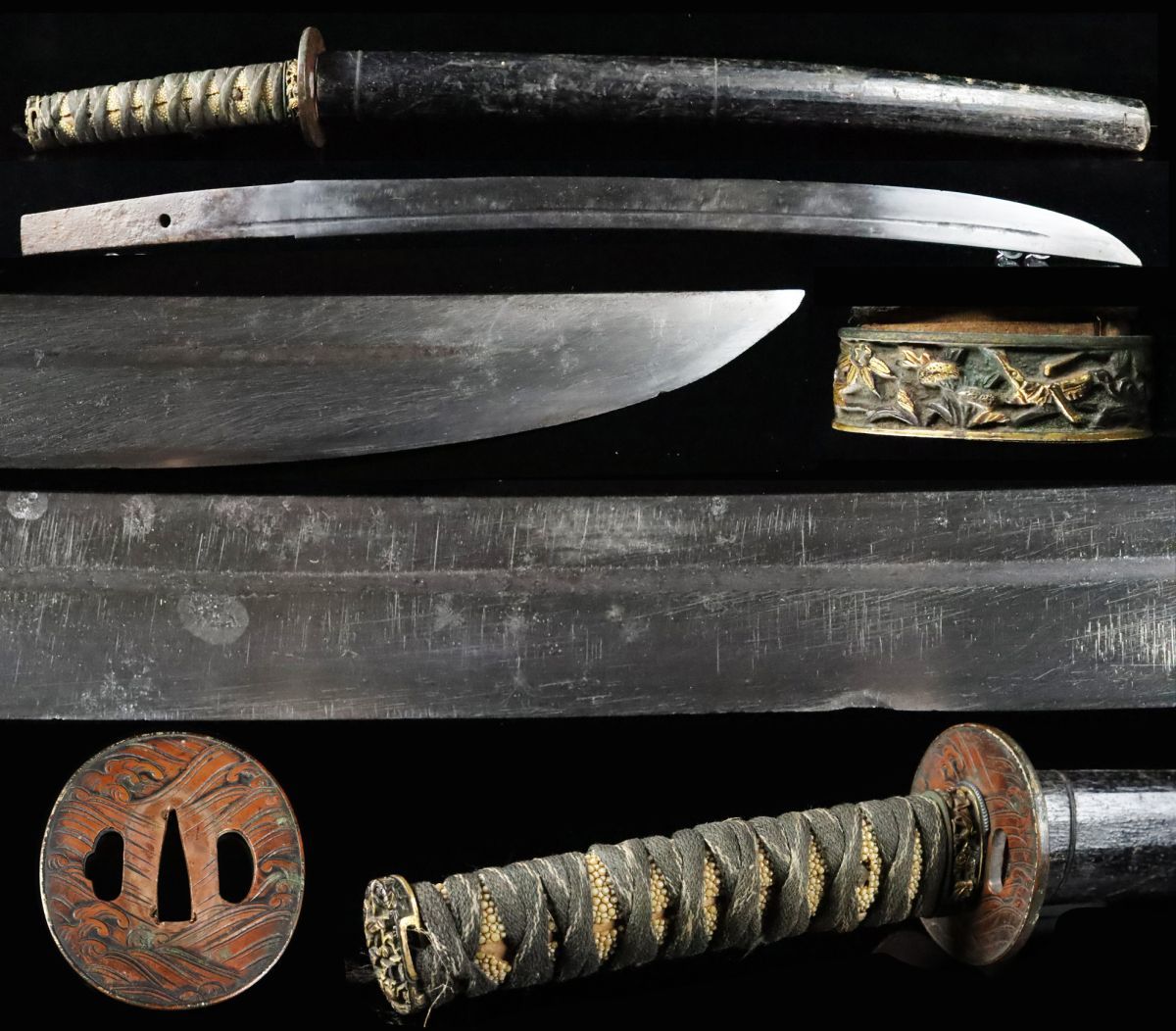 時代武具 脇差 無銘 41.0cm 平造り 錆身 研ぎ用 鮫皮巻柄金象嵌縁頭 素