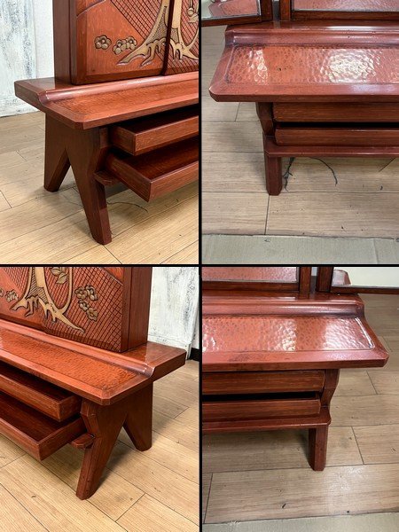Ψ骨董品【 三面鏡 / 彫刻 伝統工芸品 朱色 漆塗り 姿見 和家具 和室