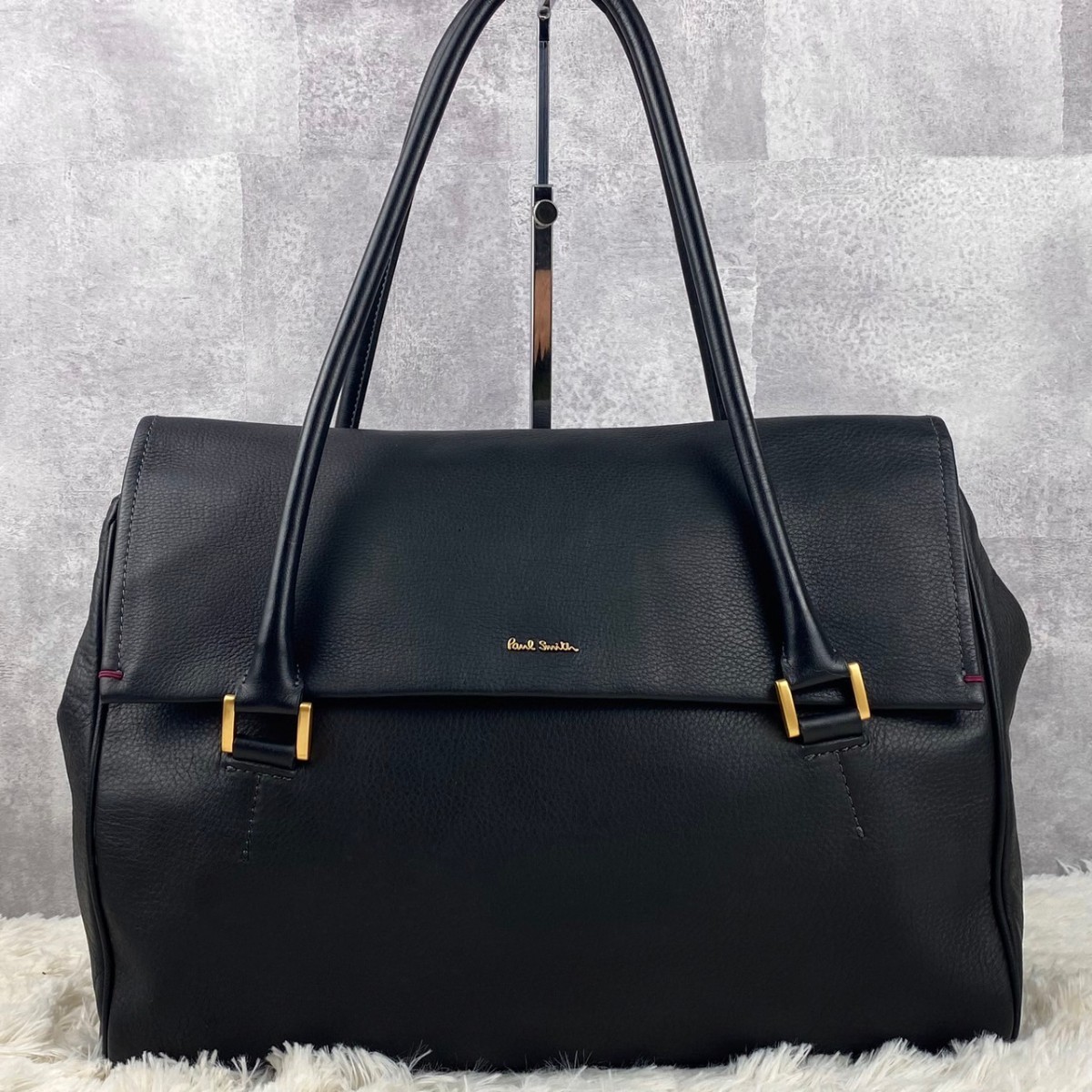 1円~ 極美品 PaulSmith ポールスミス オールレザー 本革 トートバッグ ハンドバッグ 肩掛け フラップ ロゴ金具 マグネット ファスナー 黒
