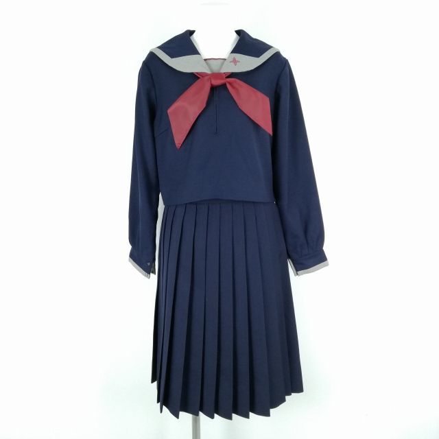 1円 セーラー服 スカート スカーフ 上下3点セット 冬物 グレー1本線 女子 学生服 神奈川日本大学中学 紺 制服 中古 ランクB NA7661
