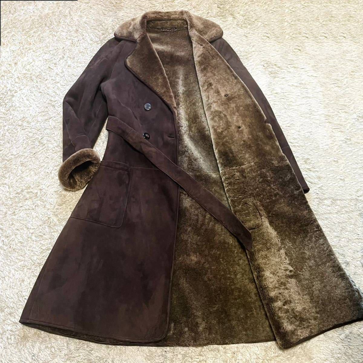 【史上最高峰！トロトロ質感】サルヴァトーレ フェラガモ リアルムートン コート Lサイズ ガンチーニ ラムレザー 羊革 ベルト付き ブラウン