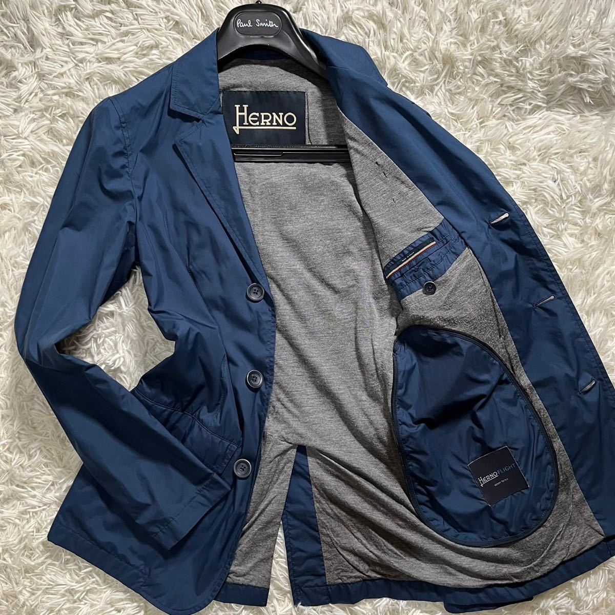 HERNO 貫禄の高級感 ヘルノ ストレッチナイロン テーラード アンコンジャケット 総裏 ポリエステル 42/XS ネイビー 紺 イタリア製 ...