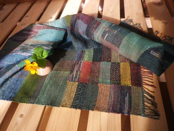着物リメイク裂き織り　グリーン渋色ブロック　ハンドメイド