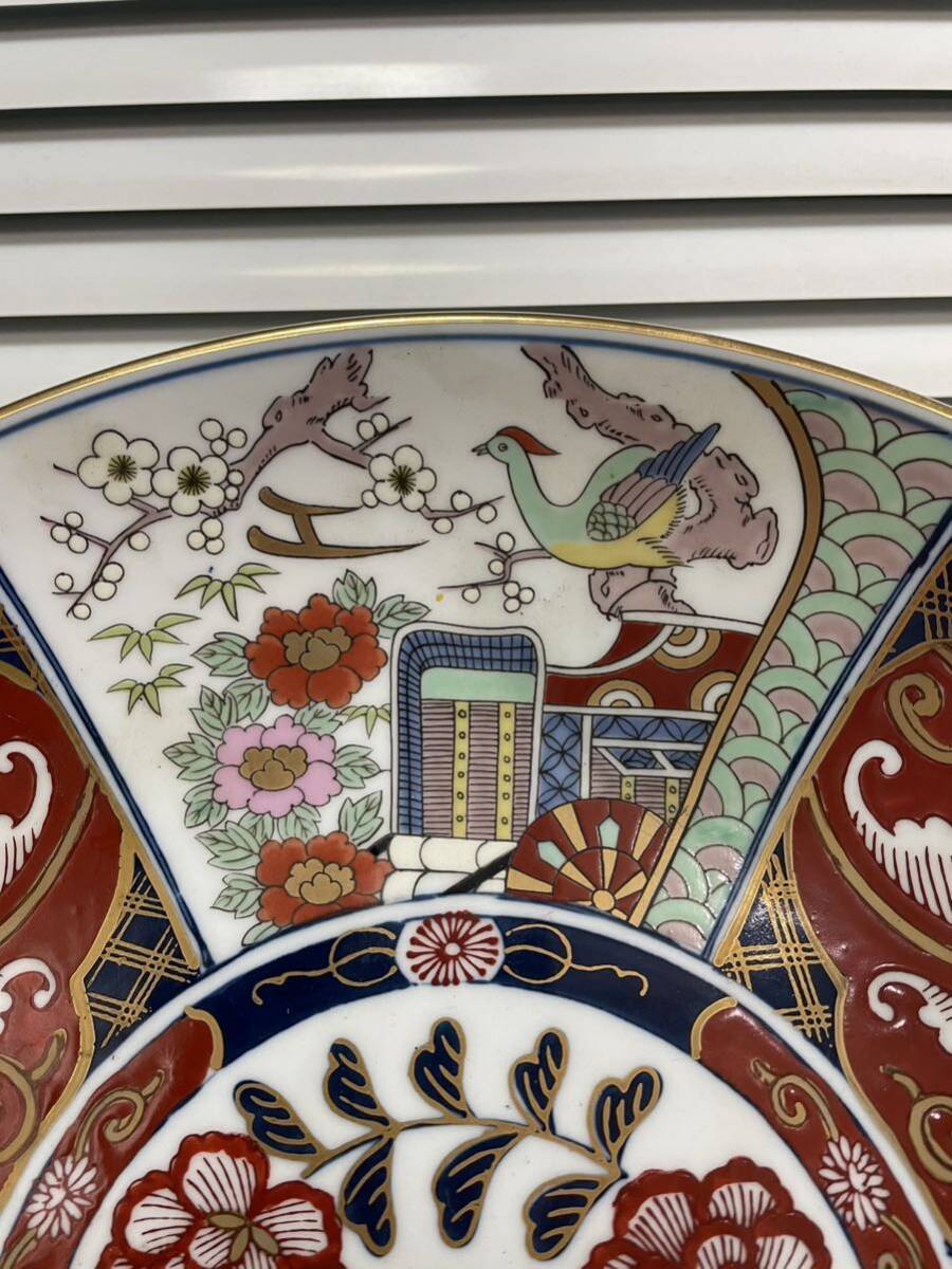 H0518】秀峰作 大皿 飾皿 色絵 陶器 和食器 額皿 刺身皿 丸皿 直径約