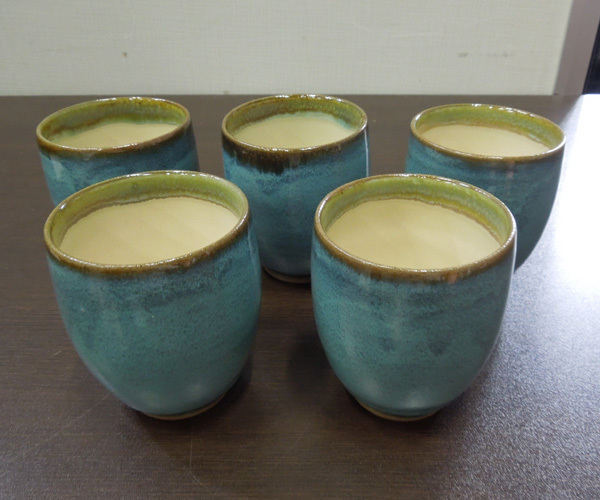 長期保管品 小樽窯 白勢陶園 均青湯呑 5客 茶器 共箱付き おたる焼 