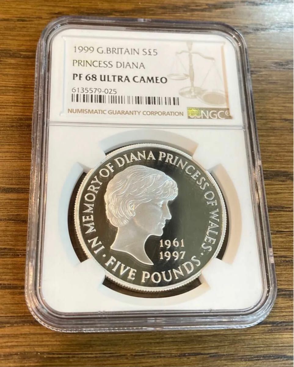 1999年 イギリス NGC鑑定PF68 ダイアナ妃追悼祈念 5ポンド銀貨 NGC 5 