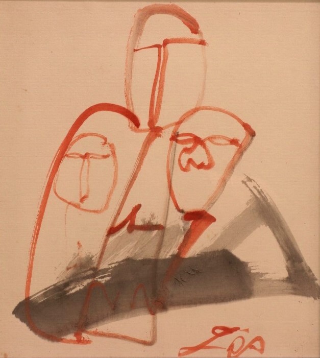辻村史朗　肉筆　人物画　水墨画　額装 7028☆【真作】辻村史朗 人物画 デッサン 肉筆 額装 陶芸家(人物、菩薩